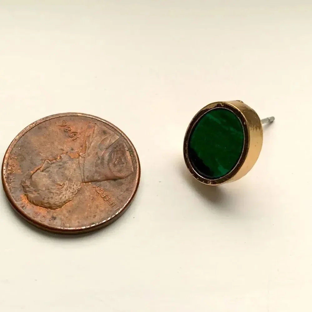 Faux Green Malachite Oval Stud Earrings in Gold Plate Metal